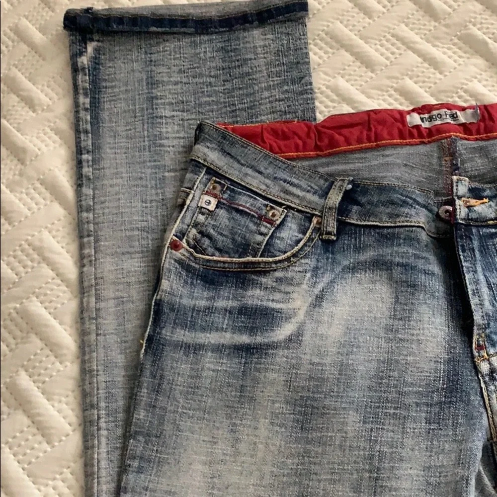 Indigo red washed‎ faded bootcut jeans